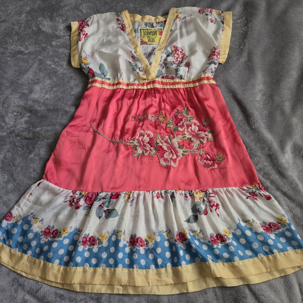 Johnny Was Floral Dress 100% Silk - Pink, White, and Blue